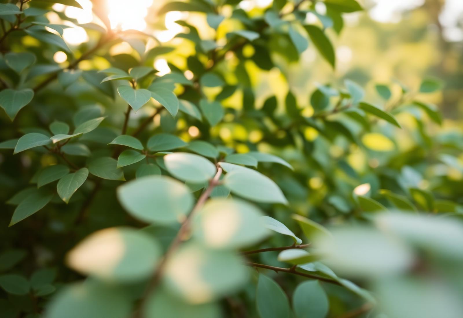 Soft sunlight through sage green leaves